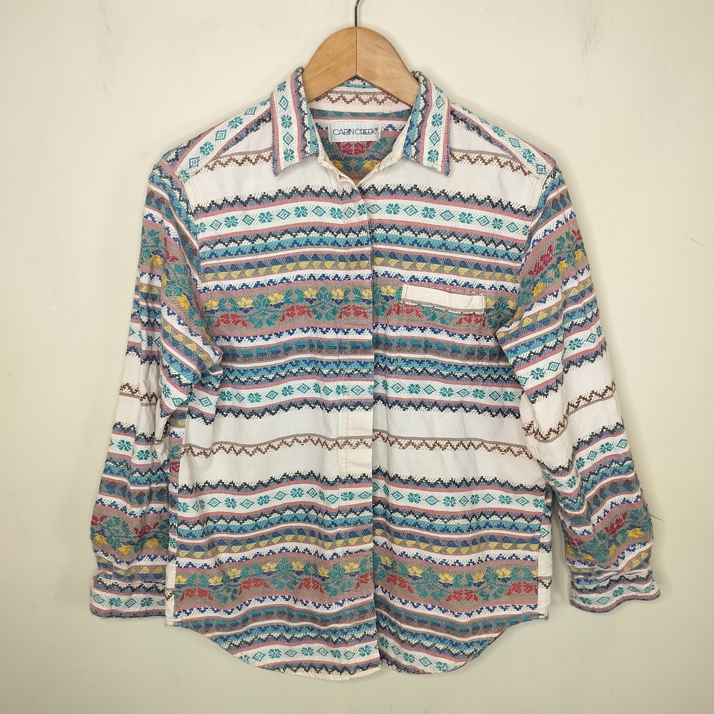 Cabin Creek Vintage Button Up Shirt Embroidered Floral Colorful